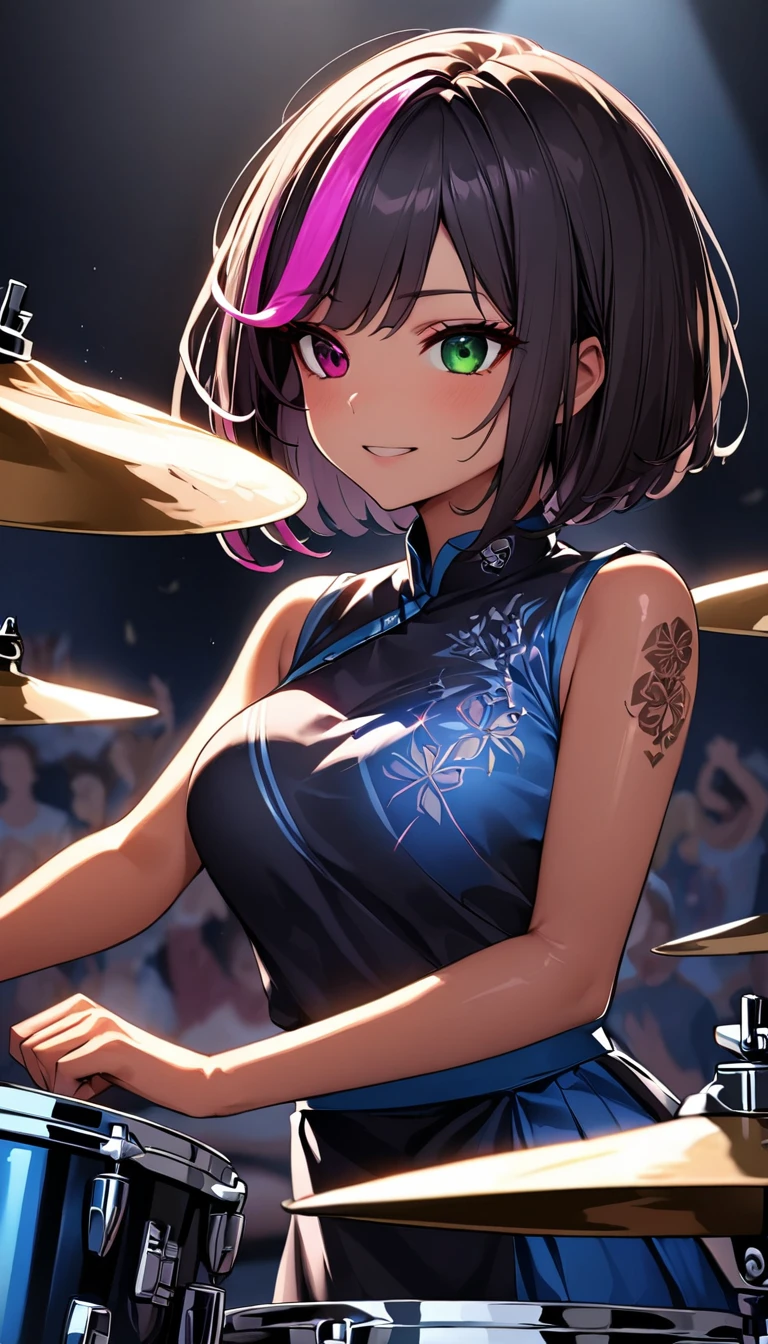 (highest quality:1.2, Very detailed, up to date, Vibrant, Ultra-high resolution, High Contrast, masterpiece:1.2, highest quality, Best aesthetics), Portraiture、girl、slim, , heterrochromia, green eye, red eye, Passionate performance、stage、performance、Rock Music、Bright colors、Beautiful fine details、Beautiful lip detail、extra short hair, ((bob cut:1.5))、pink and purple ((streaked hair:1.9)), (highlights hair: 1.6), middium breast, (tan skin:1), ((playing on the drum set. The drum set includes a bass drum, snare drum, toms, floor toms, hi-hat, crash cymbals, ride cymbals, and a china cymbal)), ((holding drum stick on both hands:1)), (beat drums), Music band、(powerful pose:1)、Concert Light、Edgy Style、colorful Cheongsam, (no sleeve:1)、Dynamic Movement、hypnotic sounds、Stadium、amplifier、Loud music、,Sparkling stage、Concert atmosphere、Music Festival、Full of emotion、Rock star attitude、Resolute expression、Avid Fan、The presence of an attractive stage、 Expressive gestures、Rock star aura、An exciting atmosphere、Sing with all your heart、An unforgettable show, (Floral Fineline tattoo design on right arm:1),