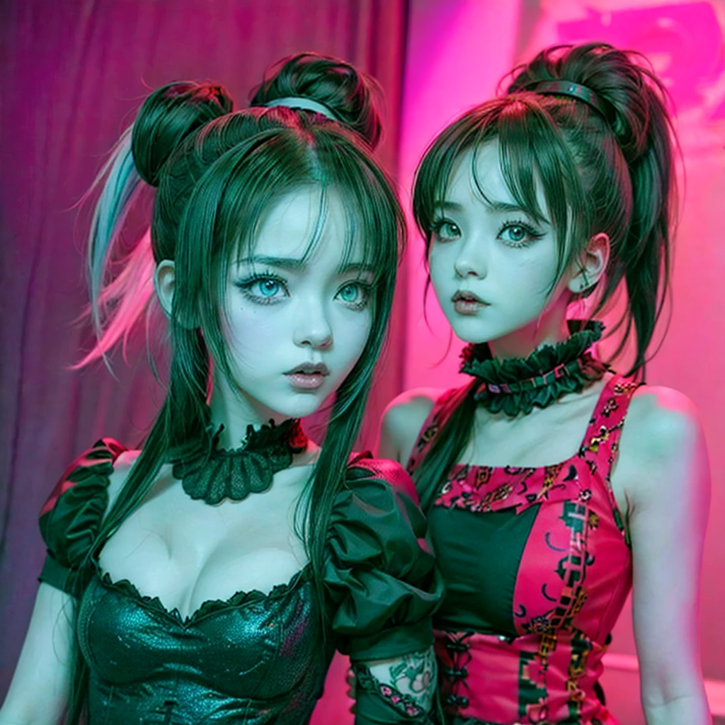  an anime girl with black hair with pink tips tied in a ponytail with one red eye with black sclera and the other red-purple,height of 1.50,bust size C 28 gothic clothing (Picture of )  complete