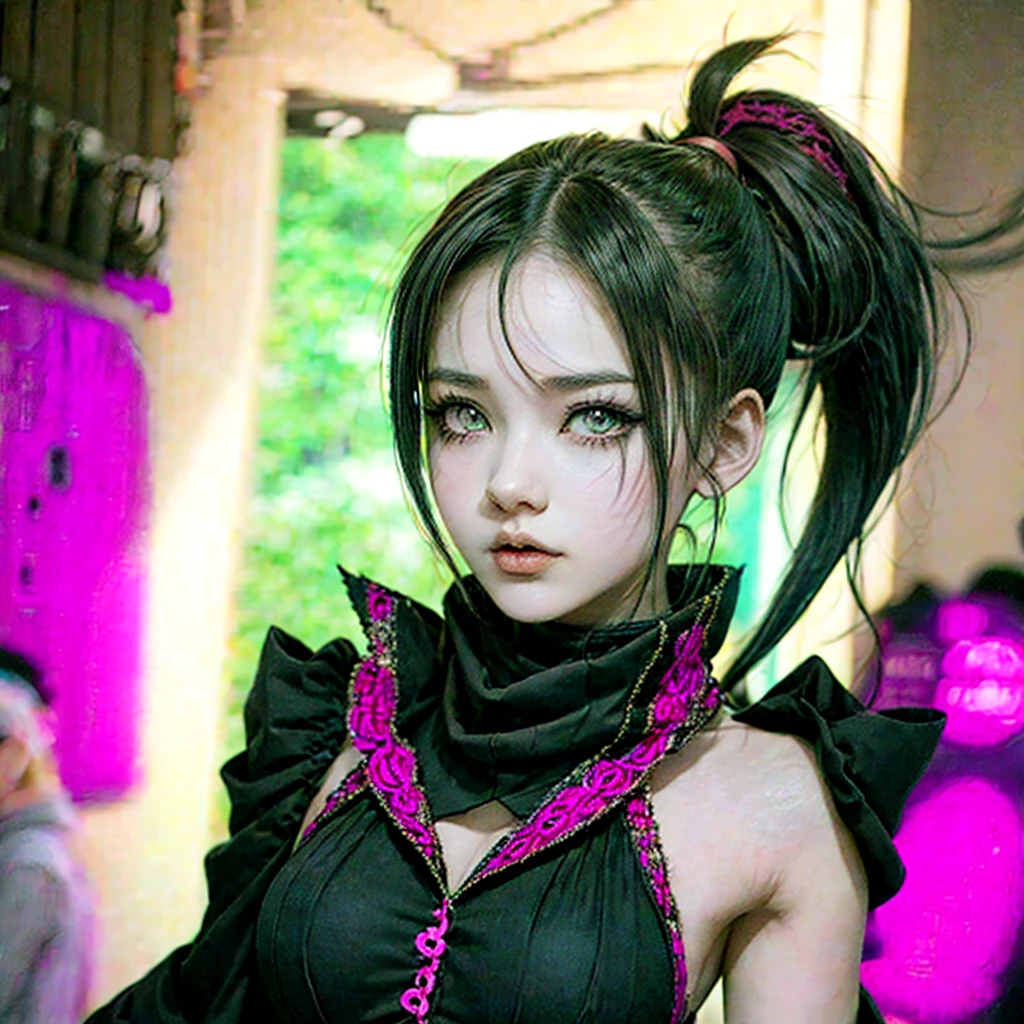 an anime girl with black hair with pink tips tied in a ponytail with one red eye with black sclera and the other red-purple,height of 1.50,bust size C 28 gothic clothing (Picture of ) complete
