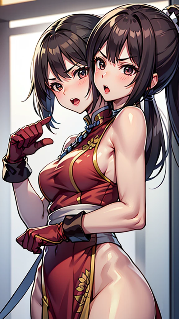 (masterpiece, best quality), best resolution, 16k, BREAK close-up, BREAK, (2heads:1.5), (cheek-to-cheek), 1girl, solo, BREAK athenams, hairband, chinese clothes, dress, gloves, hair ornament ,bare shoulders, BREAK shiranui mai, brown eyes, long hair, brown hair, white ribbon, sleeveless, ponytail, sash, pelvic curtain, arm guards, gloves, tabi, BREAK ((eyes up looking sideways:1.3)), BREAK angry, fighting, frustrating, open mouth, BREAK simple background