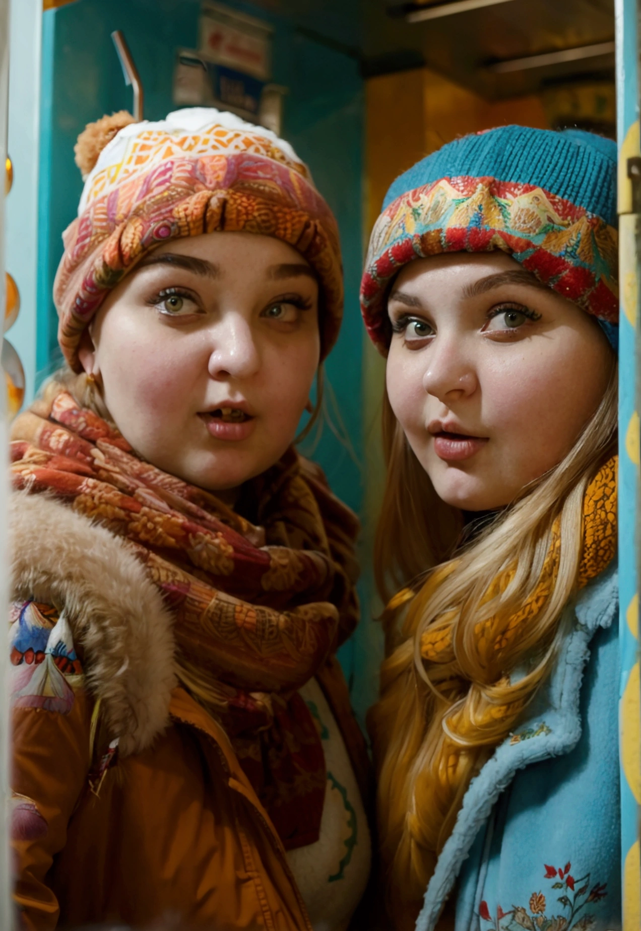 Very drunk fat Russian girls with beautiful faces in autumn clothes stand in line at a public toilet with beer and really want to go to the toilet