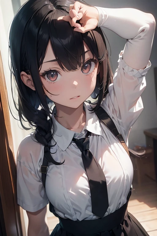 ((masterpiece, best quality)), (1girl), (solo), (female focus), yoru (chainsaw man),(very detailed face, real image, realistic white skin, realistic body, intricate details), upper body, serious , brown eyes, looking at the viewer, bandages over the body, black hair, far sleeve shirt, pinaforee dress, black necktie, bandages, bandages, small breasts