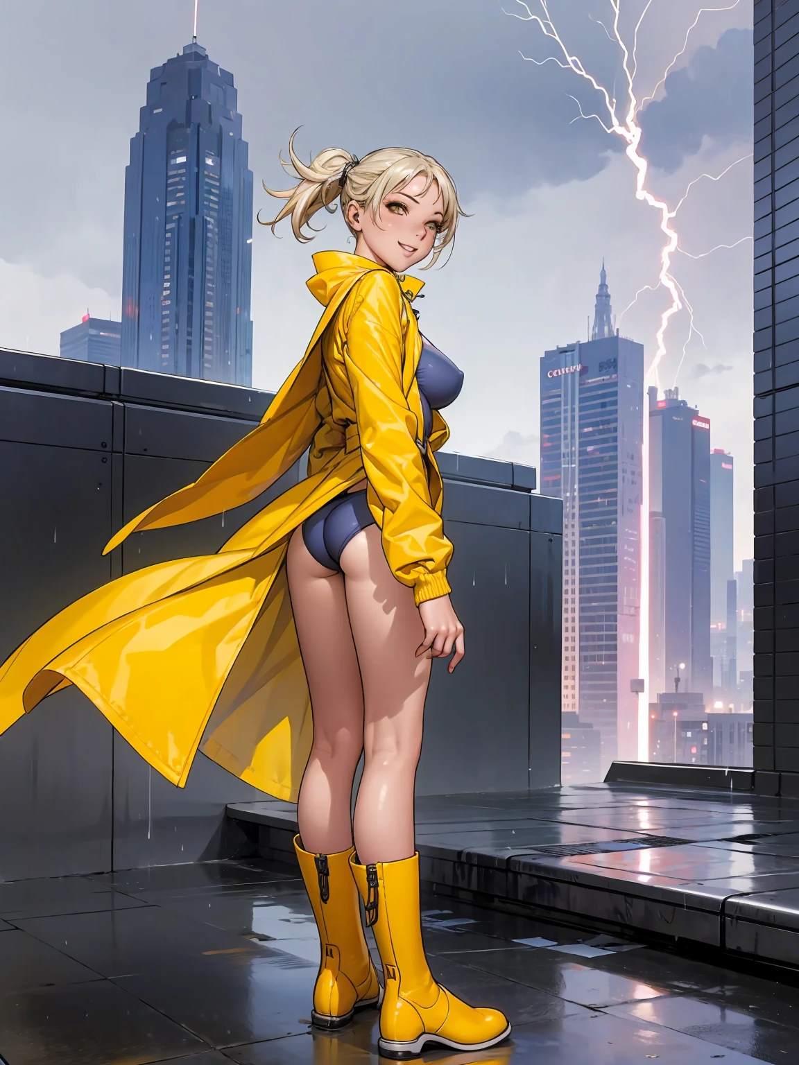 Girl from a shonen manga, strong and determined, smile on the corner of lips, scandalous clothes, futuristic swimsuit with thin vertical stripes, high collar, yellow raincoat, all wet, walking on a building roof, lightning cuts the sky on a rainy day, futuristic buildings in the background, Neon panels illuminate your body from behind, perfect fitness body, coxas nuas, long ribbon-garter, high socks and rain boots, cena sensual, stunning visual