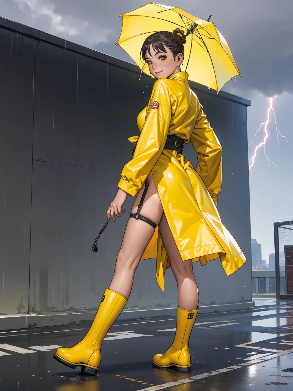 Girl from a shonen manga, strong and determined, smile on the corner of lips, scandalous clothes, futuristic swimsuit with thin vertical stripes, high collar, yellow raincoat, all wet, walking on a building roof, lightning cuts the sky on a rainy day, futuristic buildings in the background, Neon panels illuminate your body from behind, perfect fitness body, coxas nuas, long ribbon-garter, high socks and rain boots, cena sensual, stunning visual 