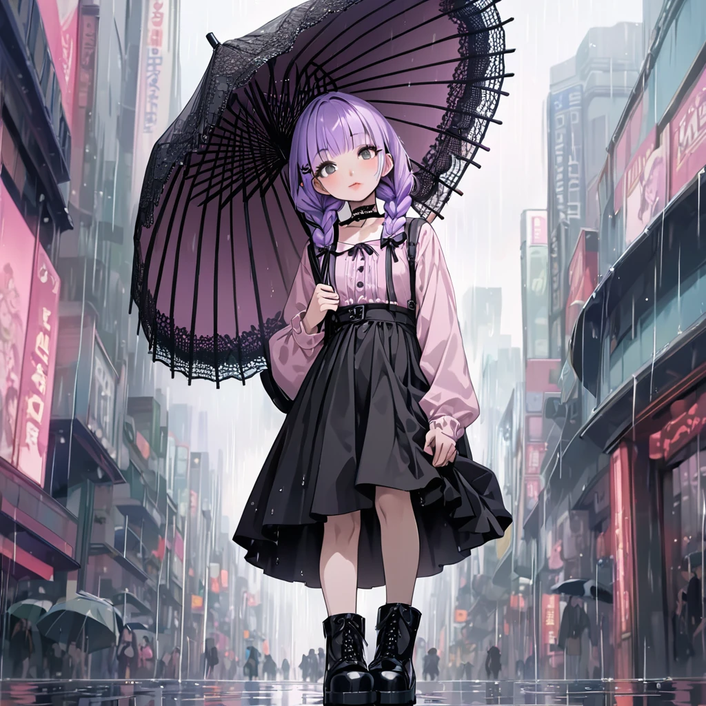 masterpiece, ultra detailed, 8K, solid blue Skyscrapers background, full body shot, Angle looking up from below.happy, a girl, kawaii, light atmosphere, mysterious atmosphere, (Cute a mesugaki girl:1.5), (a girl with closs hair pin,pale purple hair,wavy two braids,bluntbangs hair,green and black eyes,
pink shirt,cosplay, jirai kei, bangs, black skirt, black bow, looking at viewer, bow, long sleeves, choker, ribbon,pink lips,Thick-soled boots,fullbody shot :1.4),A mischievous smile, fangs, licking lips,
(masterpiece:1.3), anime visual, (Lovey-dovey:1.5), (tilt head:1.3), extremely delicate face, soft clean focus, realistic lighting and shading, (an extremely delicate and beautiful art:1.3), elegant, (muted colors:1.1), small breast,slim,(On a rainy day, walking through Shibuya with a black lace umbrella:1.5), expressionless,