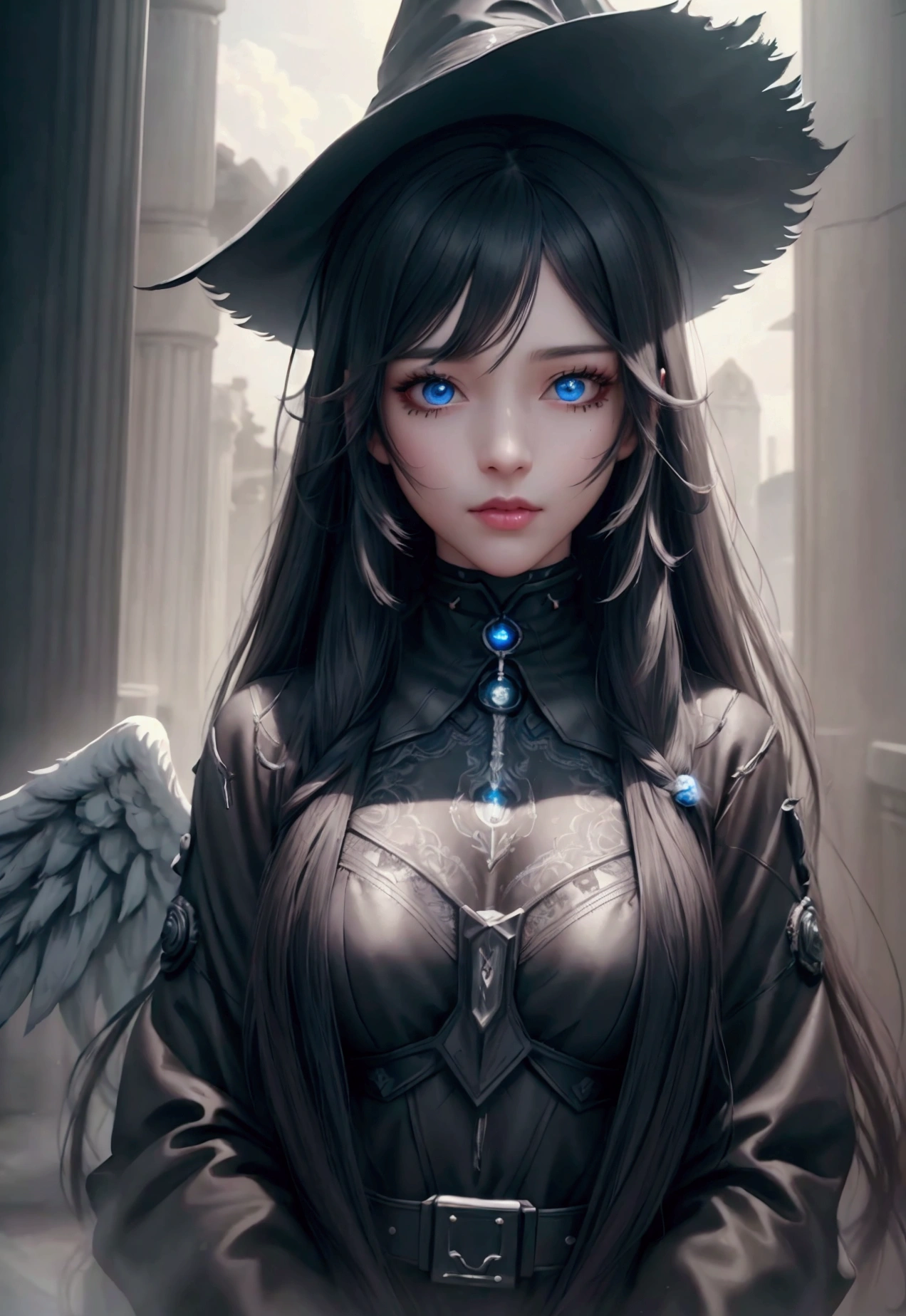 witch hat, twin tails, high tech scythe, angel wings, sci-fi clothes, ancient ruins, 1girl, beautiful detailed eyes, beautiful detailed lips, extremely detailed face and hair, longeyelashes, cinematic lighting, dramatic shadows, vibrant colors, 8k, high resolution, photorealistic, intricate details, concept art, digital painting, matte painting, sci-fi fantasy