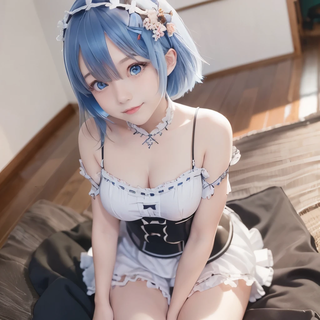 ((masterpiece)), ((best quality)), (ultra-detailed), a cute girl, 1girl, solo, , ((beautiful eyes)), smile,on the bed, beautiful blue hair