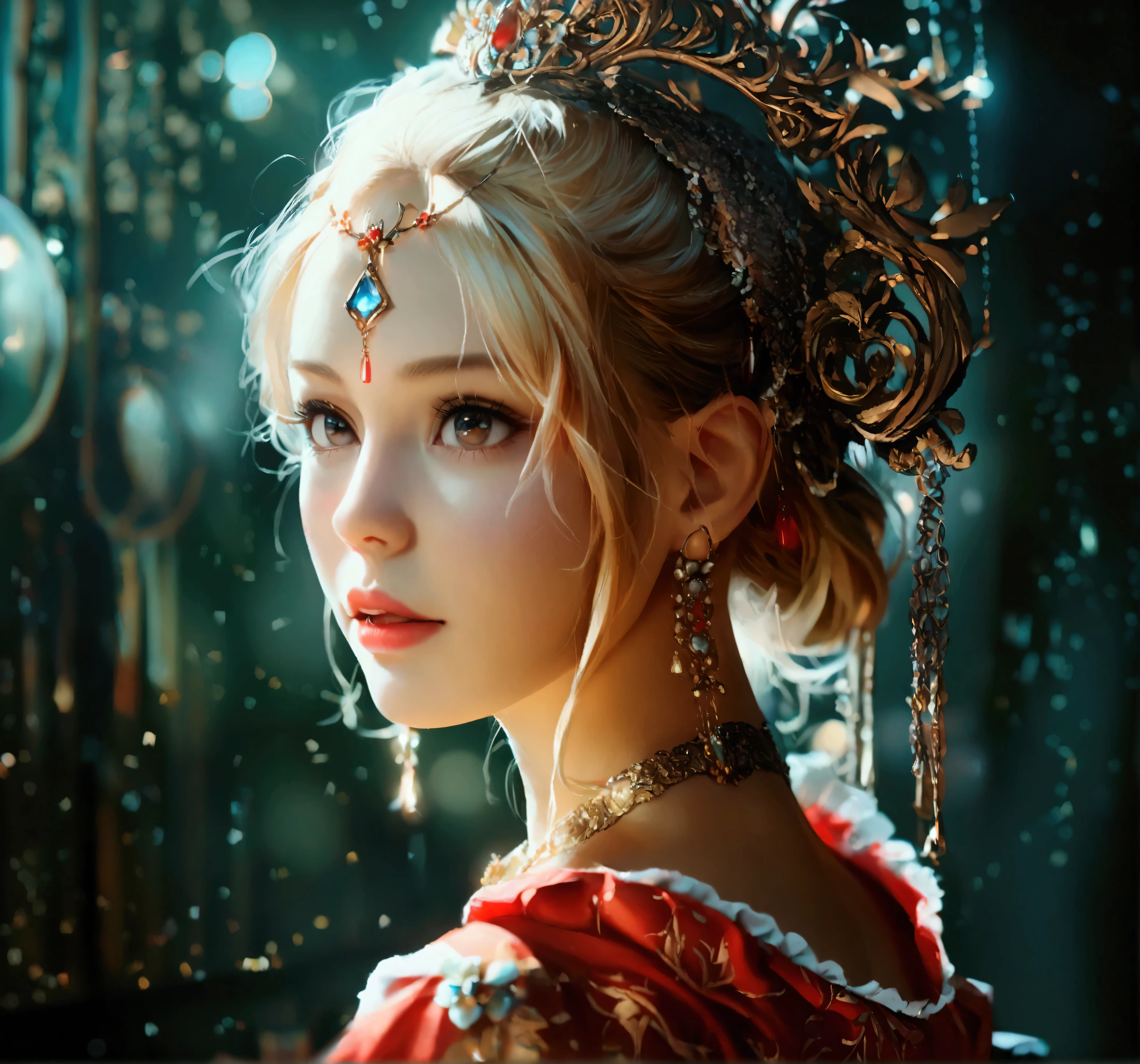 best quality, masterpiece, highres, 1girl,china dress,hair ornament,necklace, jewelry,Beautiful face,upon_body, tyndall effect,photorealistic, dark studio, rim lighting, two tone lighting,(high detailed skin:1.2), 8k uhd, dslr, soft lighting, high quality, volumetric lighting, candid, Photograph, high resolution, 4k, 8k, Bokeh, blonde hair,