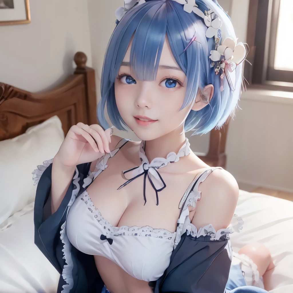((masterpiece)), ((best quality)), (ultra-detailed), a cute girl, 1girl, solo, , ((beautiful eyes)), smile,on the bed, beautiful blue hair