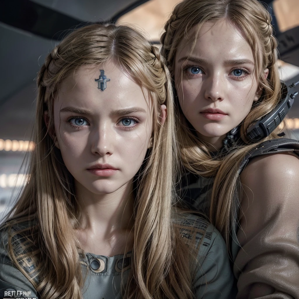 realisitic,Polite Dress,(Fighter plane action war movie poster),(Foundation film reference: 1.8),realisitic,General Uniform of the Air Force,(realisitic Face Resolution),Cinematic poses,grown-up,skinny,mic,Long Hair Dark Blonde Woman 1 Person,serious face,Science fiction,Sci-fi,Different supporting characters