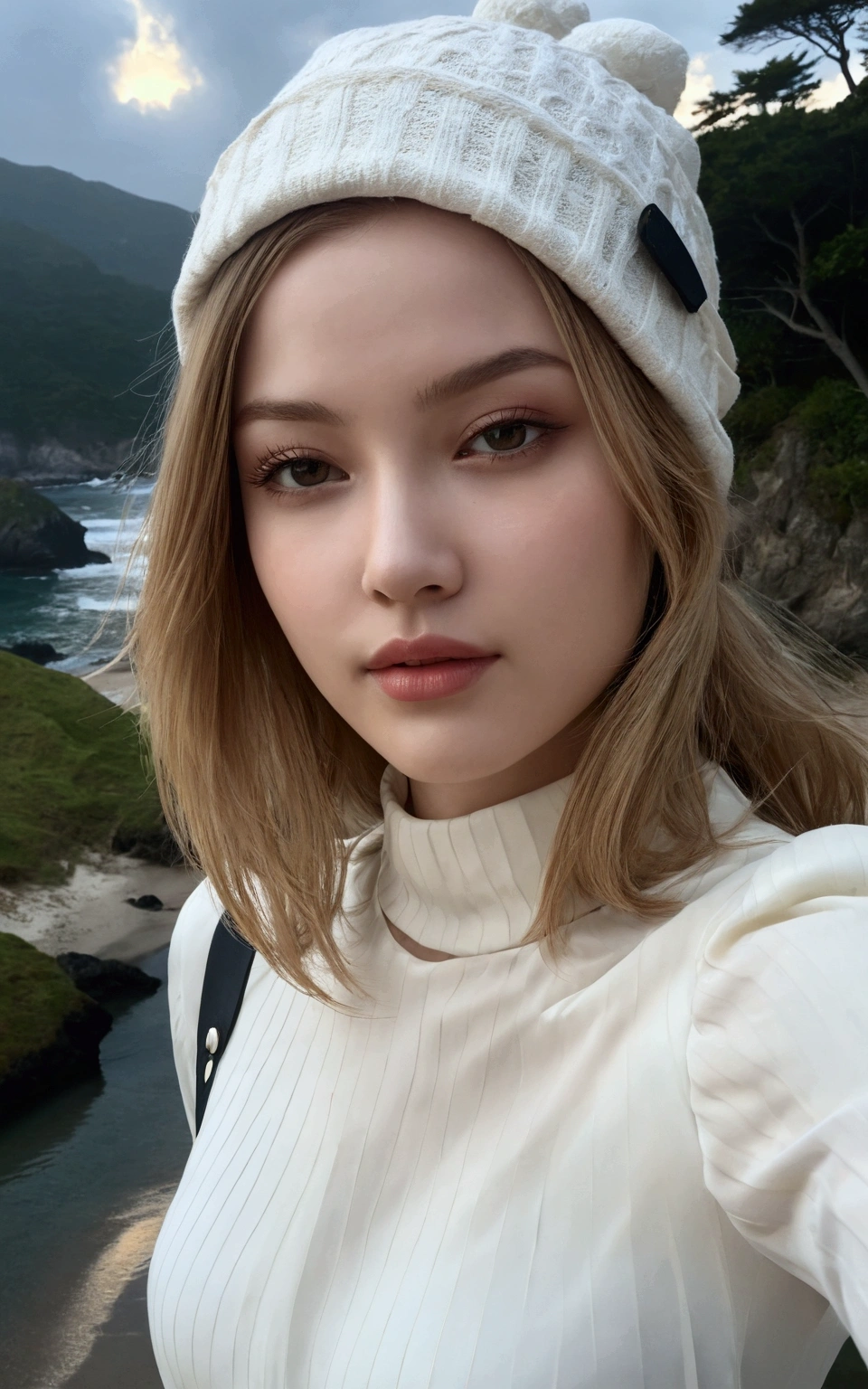 same woman with all the same details, showing the whole body, perfectbody, flawless body, two arms, two-legs, a head, two hands, at beach, ultra detaild