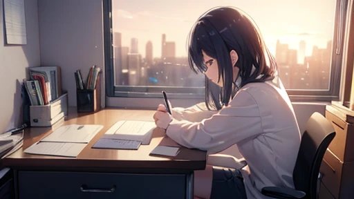 Looking out the window at the cityscape、Studying at a desk In a room where I live alone On the desk、Notebooks and pens、From the window where coffee etc. are placed、The whole room with the setting sun shining in、A person reading or studying in a room illuminated with subdued lighting