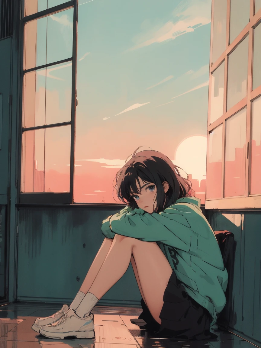 anime girl sitting on floor looking out window at city, anime aesthetic, anime vibes, Lofi Artstyle, Lo-fi portrait by the window, Watching the sunset. anime, Lofty Girl, anime art wallpaper 4 k, anime art wallpaper 4k, anime art wallpaper 8 k, anime background art, Lofi Color, Lofi Art, anime asthetic, The view from outside, Room seen from the outside