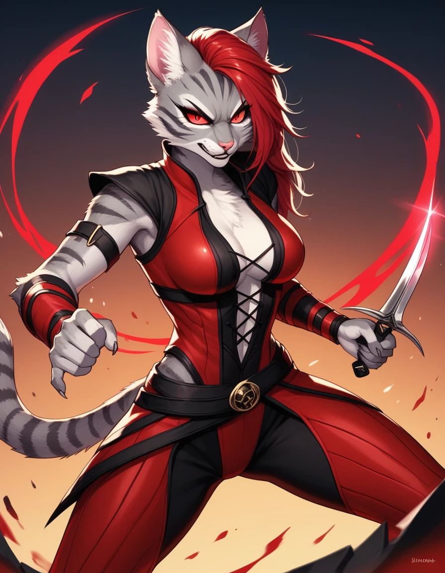 score_9,score_8_up,score_7_up, kemono style, Kat, Anthro furry feline, silver fur, grey stripes on body, glowing red eyes, long red hair, undercut hair, pink nose, :3, she is dressed as Skarlet from Mortal Kombat, cosplaying Skarlet from mortal mom at, evil pose, grinning, using blood magic, epic dynamic action pose, holding an evil dagger