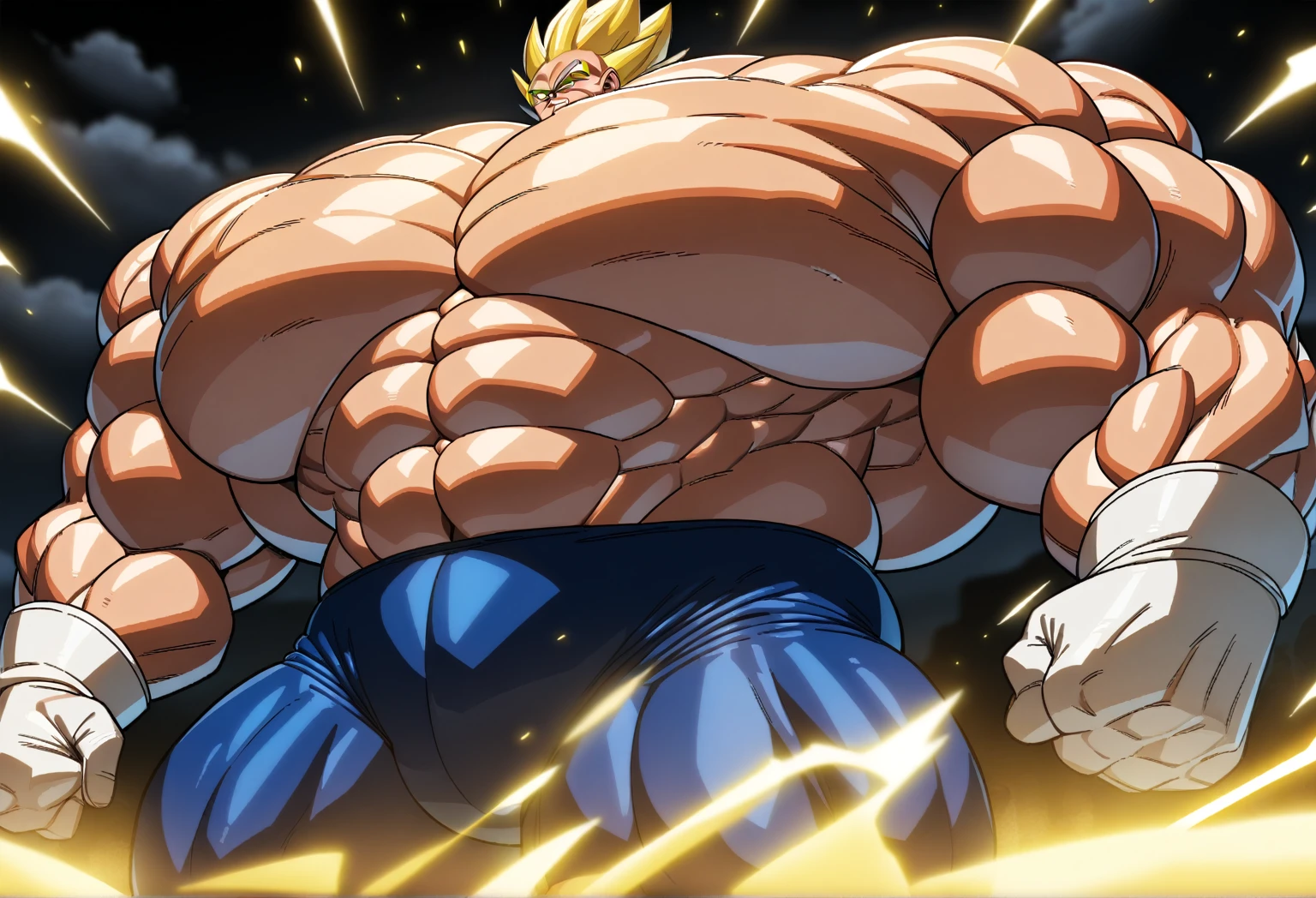 1boy, Vegeta, from Dragon Ball Z, masterpiece, best quality, very aesthetic, absurdres, saiyan, green eyes, spiked hair, (yellow hair:1.5), shirtless, blue skintight pants, white gloves, (huge muscles:3), Dragon Ball Z artstyle, in the style of Akira Toriyama, white tiled floor, outdoors, flat-top mountains, nipples, yellow aura, electricity