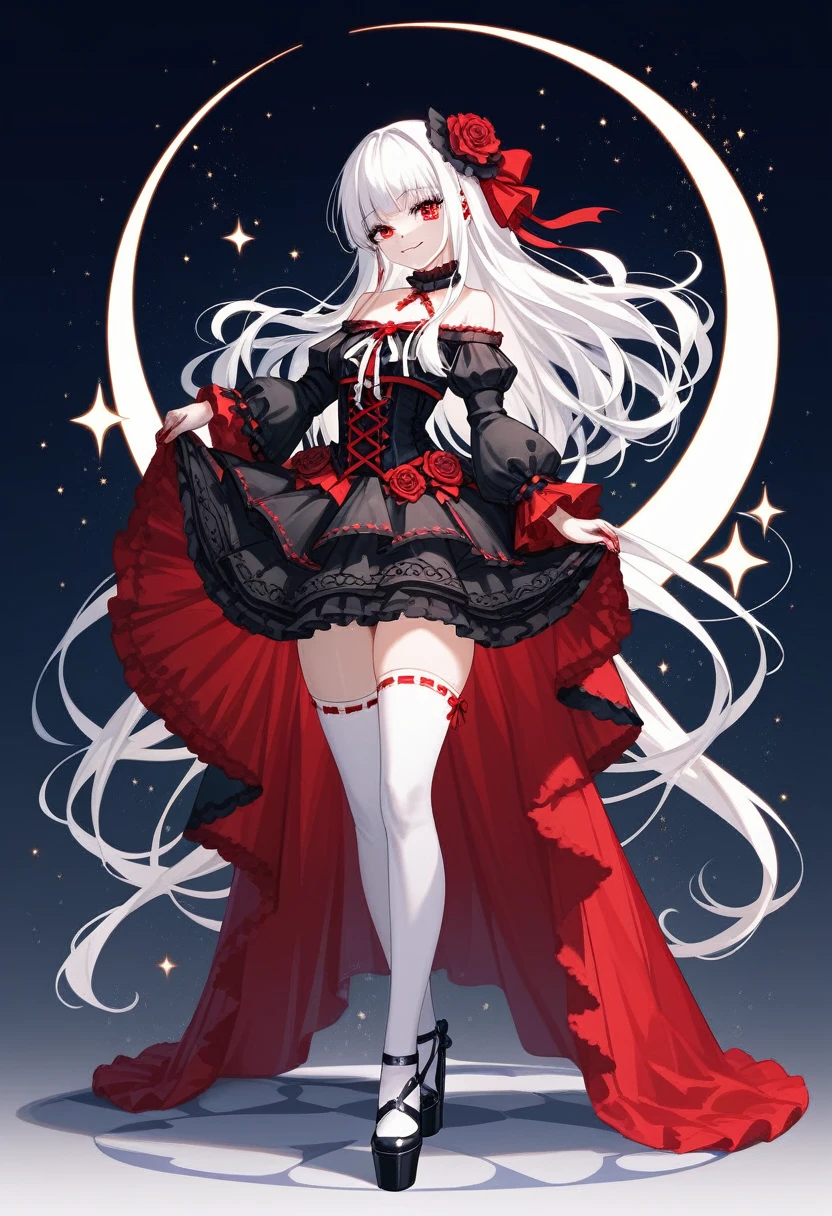 masterpiece, top-quality, masterpiece, top-quality,ighly detailed,{top-quality}, {{masterpiece}}, {hight resolution},original, {extremely delicate and beautiful},masterpiece, top-quality,ighly detailed,{top-quality},white hair, gothic lolita, full body, standing, white thighhighs,