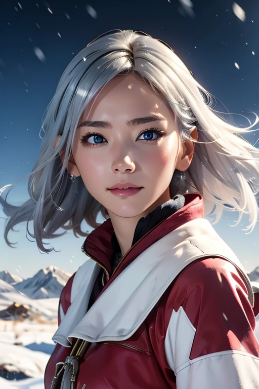 One girl, Summit, Silver hair tousled by the wind, 雪のSummitを映す目, Alpine Costume, Snowstorm all around, With ice crystals, masterpiece, Highest quality, Highlights in ArtStation