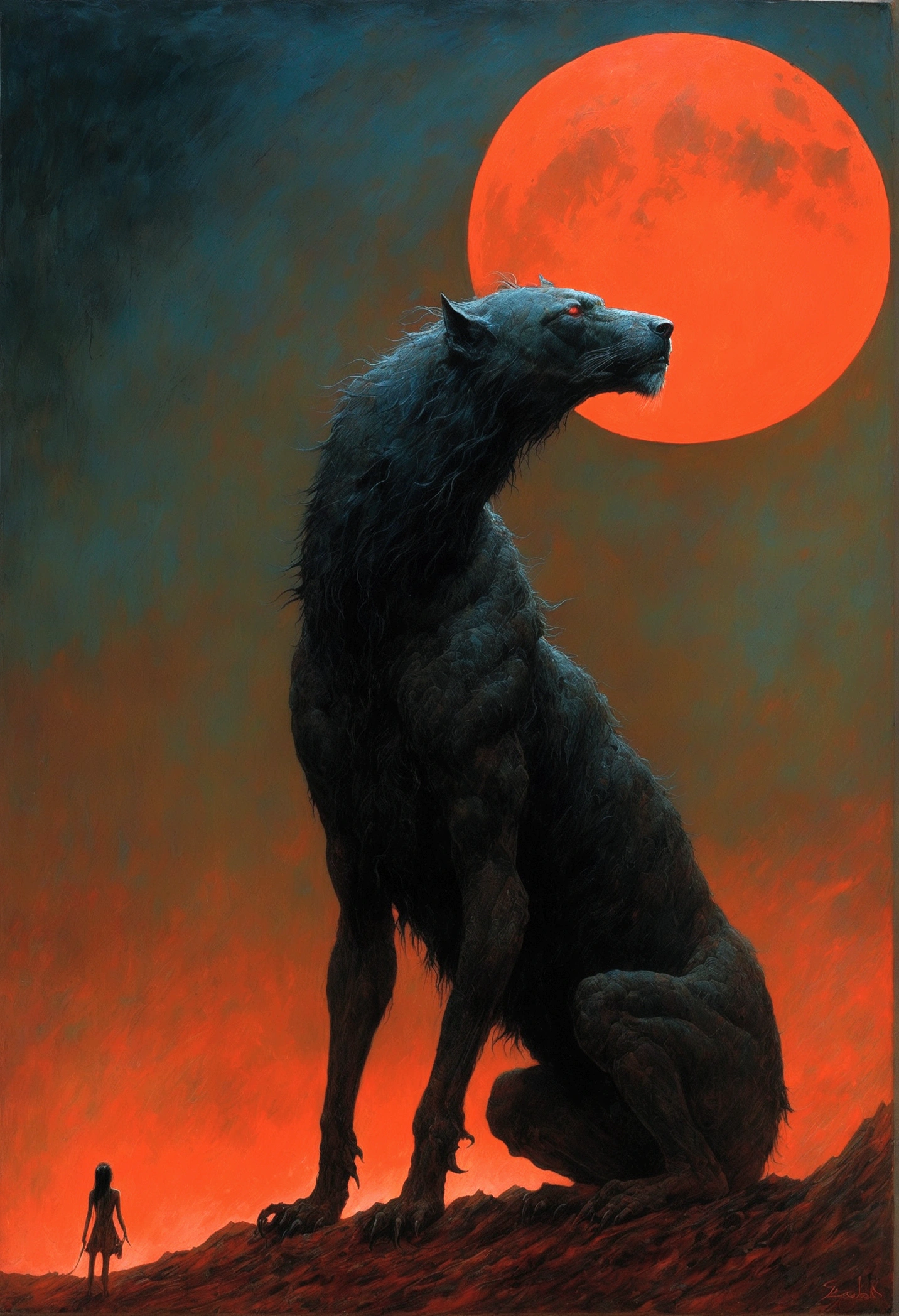 Mythical black beast, author：Zdzislaw Beksiński、girl、Red Moon