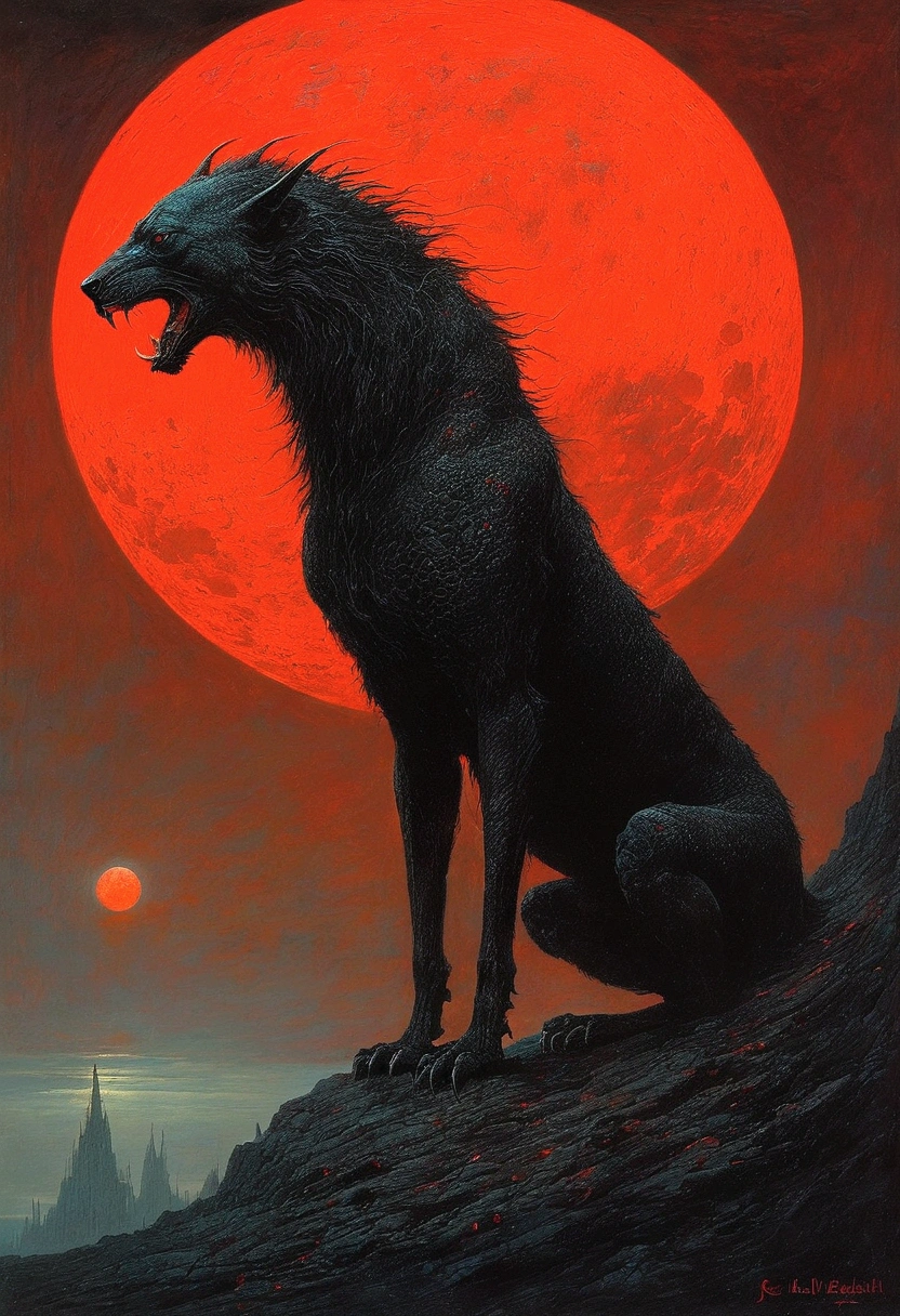 Mythical black beast, author:Zdzislaw Beksiński、girl、Red Moon