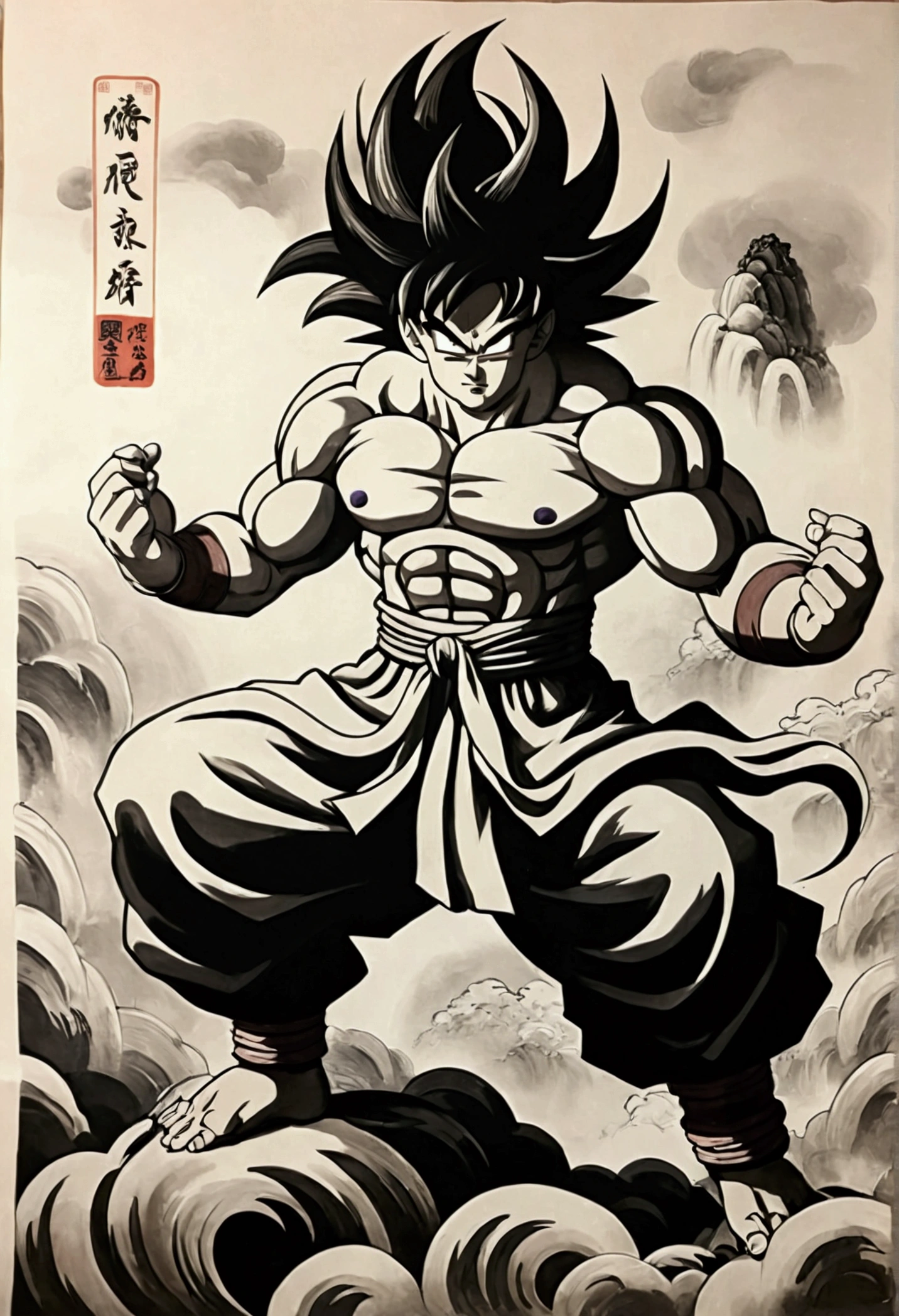 (masterpiece, best quality: 1.2), traditional Chinese ink painting, goku as god of destruction, regal