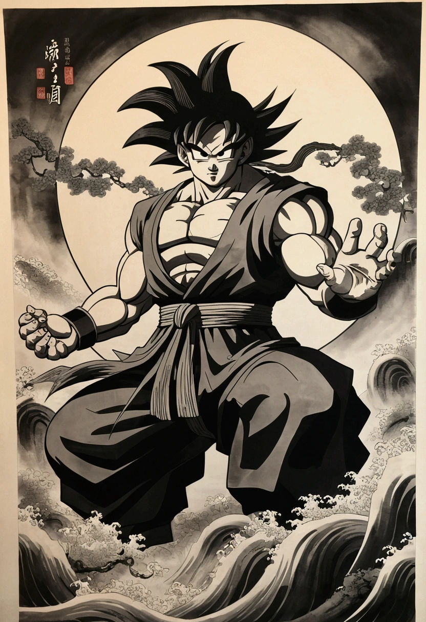 (masterpiece, best quality: 1.2), traditional Chinese ink painting, goku as god of destruction, regal