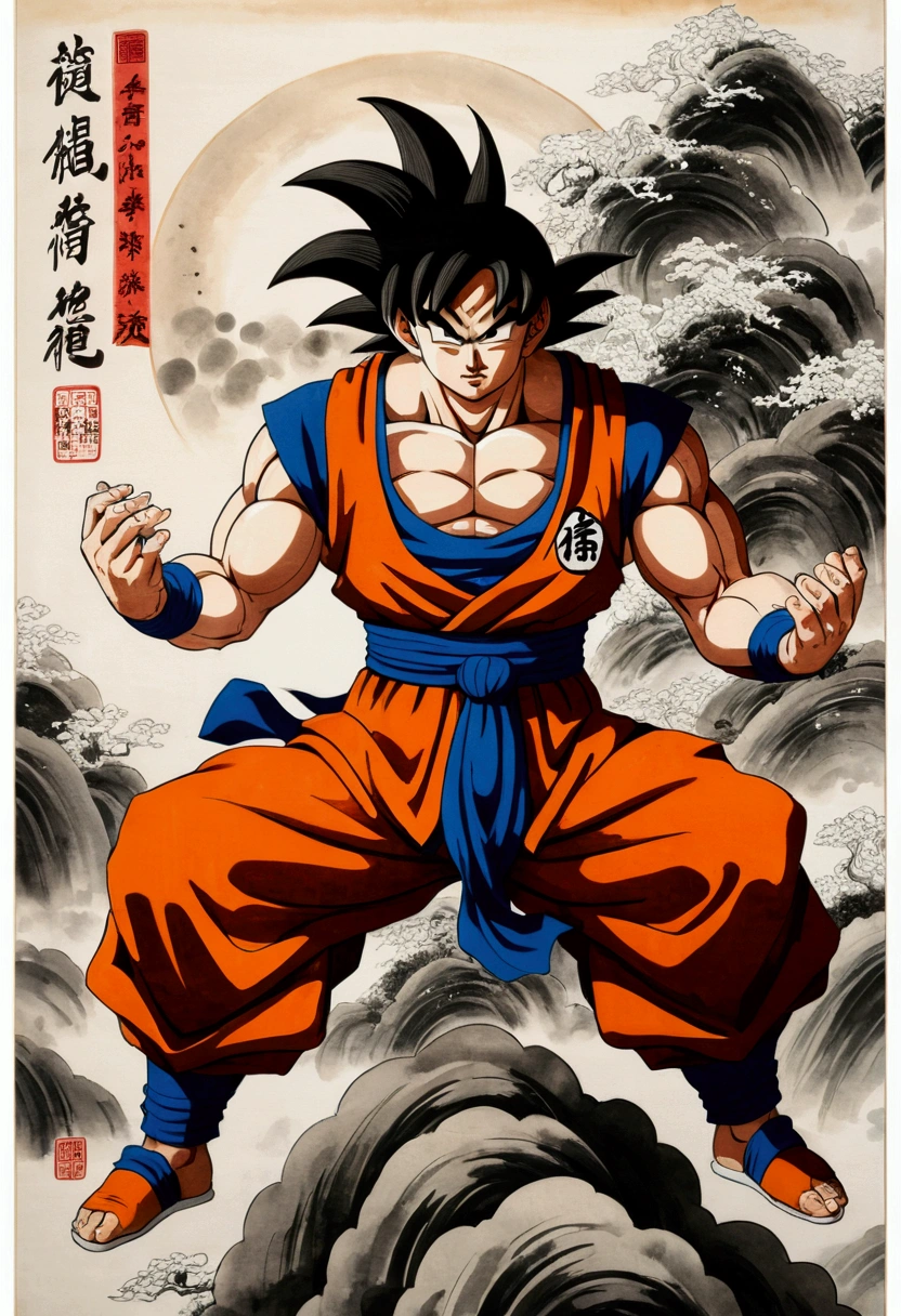 (masterpiece, best quality: 1.2), traditional Chinese ink painting, goku as god of destruction, regal