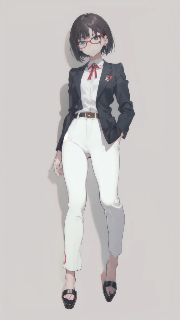 Very Short Hair、Black Hair、Wearing glasses、Expressionless、Eyes are fixed、No highlights、blue eyes、wearing a blazer、White bandage on arm、Neutral clothing、Wearing pants