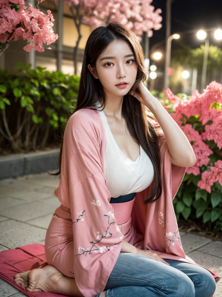Masterpiece, The best quality, Ultra-high resolution, High detail photo, Unity 8K Wallpaper, Extremely detailed CG:1.2), depth of field, bokeh, (RAW photo:1.Realistic photography:1.4), (1girl:1.5), YOUNG, physically based representation, beautiful, (Finely detailed face:1.4, Detailed clothing), (detailed:1.4) named (eimi fukada:1.1) BREAK Cara hermosa, depth of field, Add layer, hyperrealistic, 27 years old, perfect body model, perfect breasts, 175cm tall, pose sexy, full body, whole body, Model Body Type, BREAK (kimono:1.2), (long hair:1.2), double eyelid, BREAK (sitting on the ground: 1.5), (Pink bougainvillea mess in background:1.4), (night time:1.2),
