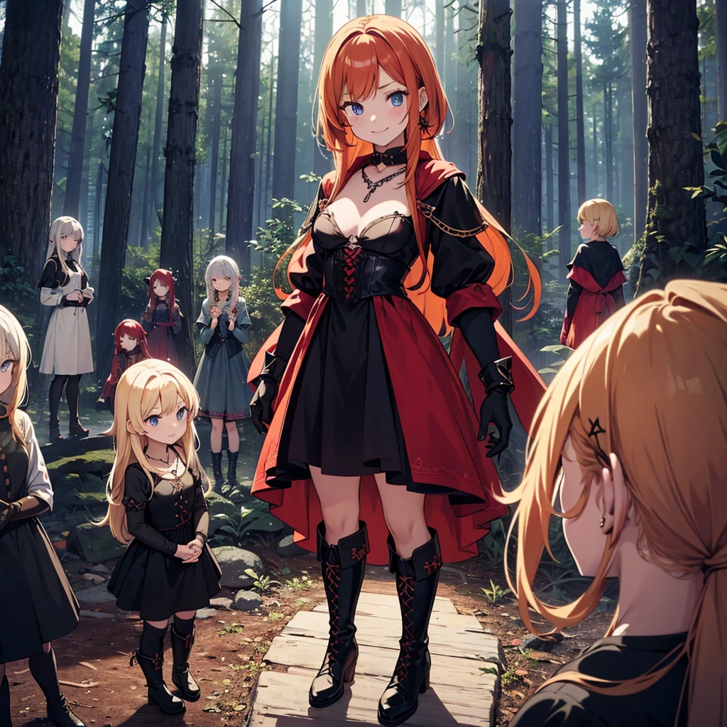 a group of beautiful witch girls in the middle of a forest in the night, tribal tattoo ,multiple girls, five girls, red and blonde hair , standing girl young girl, gloves, elbow pads, boots, smiles, small breasts, long black dress, necklaces, jewelry decorations , red hair , black hair , blonde hair, blue eyes, full body,