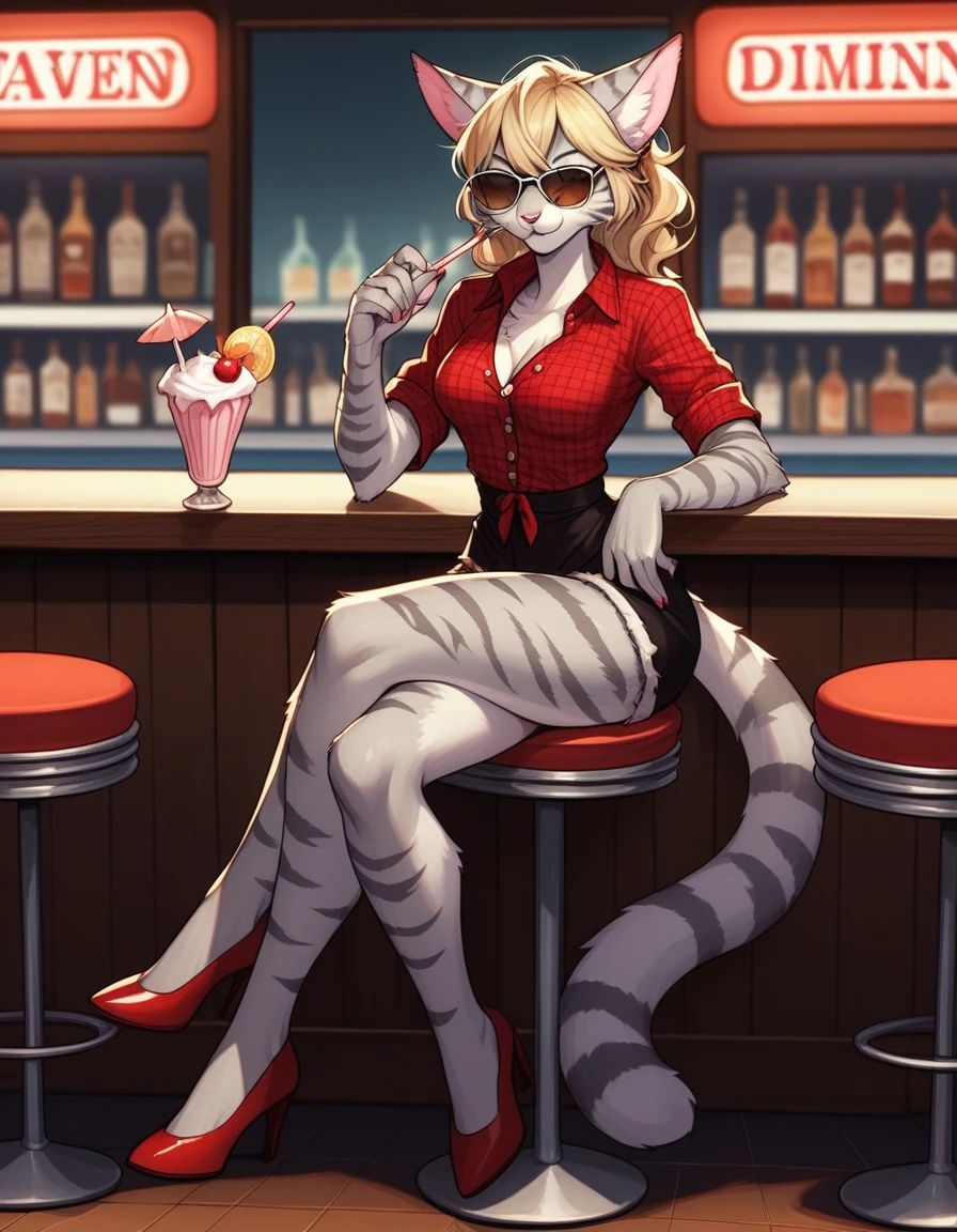 score_9,score_8_up,score_7_up, kemono style, Kat, Anthro furry feline, silver fur, grey stripes on body, aviator sunglasses covering eyes. short wavy blonde hair, red bandana tied to head, pink nose, :3, wearing red plaid tied collared shirt, black waist shorts with buttons, outdoors, in front of a 1940s diner, on hand one waist, full body shot, red pumps heels, seductive pose, sitting on a stool, drinking a milkshake, legs crossed,