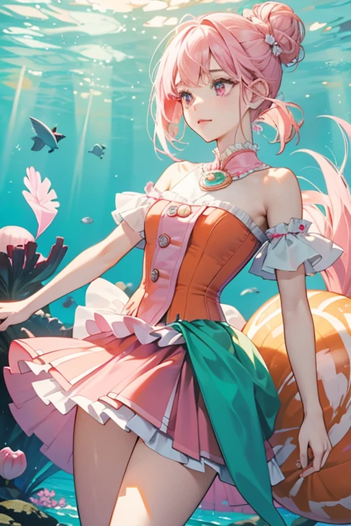 Anemone has light pink skin with one darker pink arm and one orange arm. She has soft magenta cheeks and black button eyes. Her hair is two-toned light and dark pink and held in a high bun by a pearl and star hair clip. She wears a light green seashell top and a seafoam green slip skirt over her pink tail. Her tail is pink and orange. SPARKLE; GLITTER