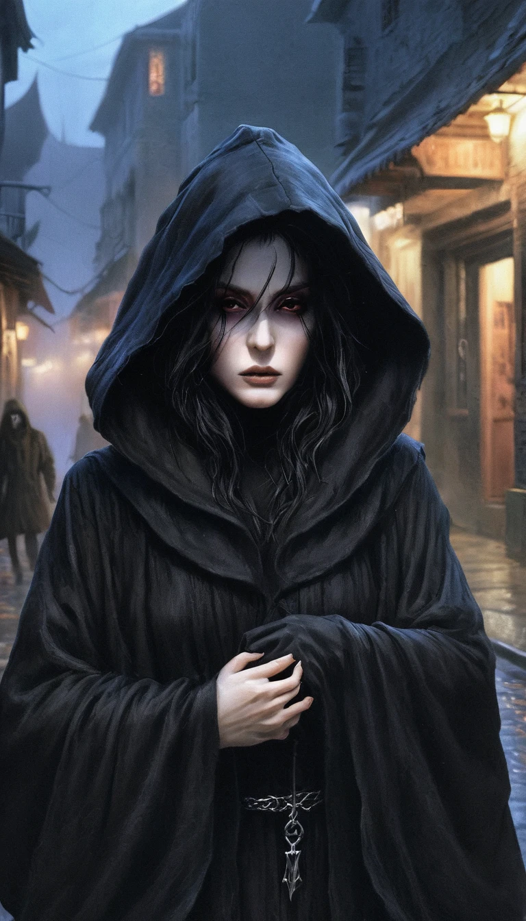 a close up of a person with a long black robe on a street, digital art 4k unsettling, fantasy dark art, photorealistic dark concept art, surreal dark art, dark hooded wraith, an ominous fantasy illustration, dark art style, dark flowing robe, dark surreal art, dark fantasy horror art, dark fantasy art, dark but detailed digital art