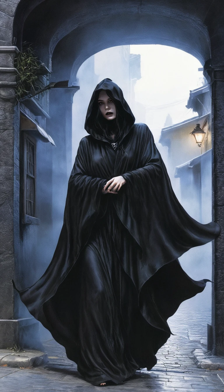 a close up of a person with a long black robe on a street, digital art 4k unsettling, fantasy dark art, photorealistic dark concept art, surreal dark art, dark hooded wraith, an ominous fantasy illustration, dark art style, dark flowing robe, dark surreal art, dark fantasy horror art, dark fantasy art, dark but detailed digital art