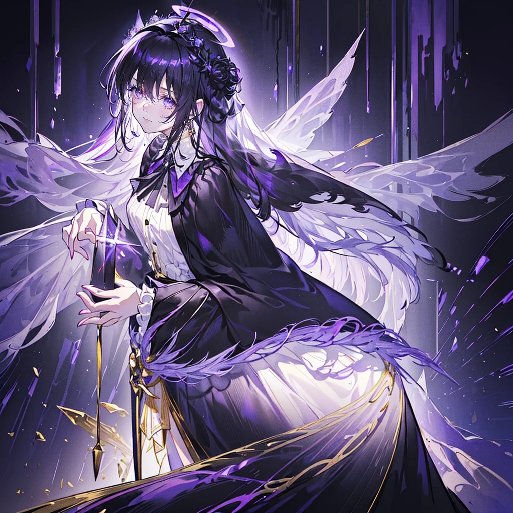 (Super detailed)),((illustration)),((masterpiece)),(((need))),((fine、Highest quality CG Unity 8K wallpapers,masterpiece),((4K,masterpiece,best quality)),Black hair queen,Waist-length hair,Royal sister,Sexy,Tall figure,Lilac eyes,Standing upright in a coffin,Mature,Hair Bunch,Hair tied on both sides,Black and gold gauze robe,Black and purple French vintage clothing,Gorgeous pure black cape,Black veil,Purple-white halo,Black purple boots,Wearing a crown on the head,Holding a knight's sword,pyramid,Emitting dim purple light,Brilliant palace,The deep sea is filled with coffins,Mysterious symbols,individual,Full body picture
