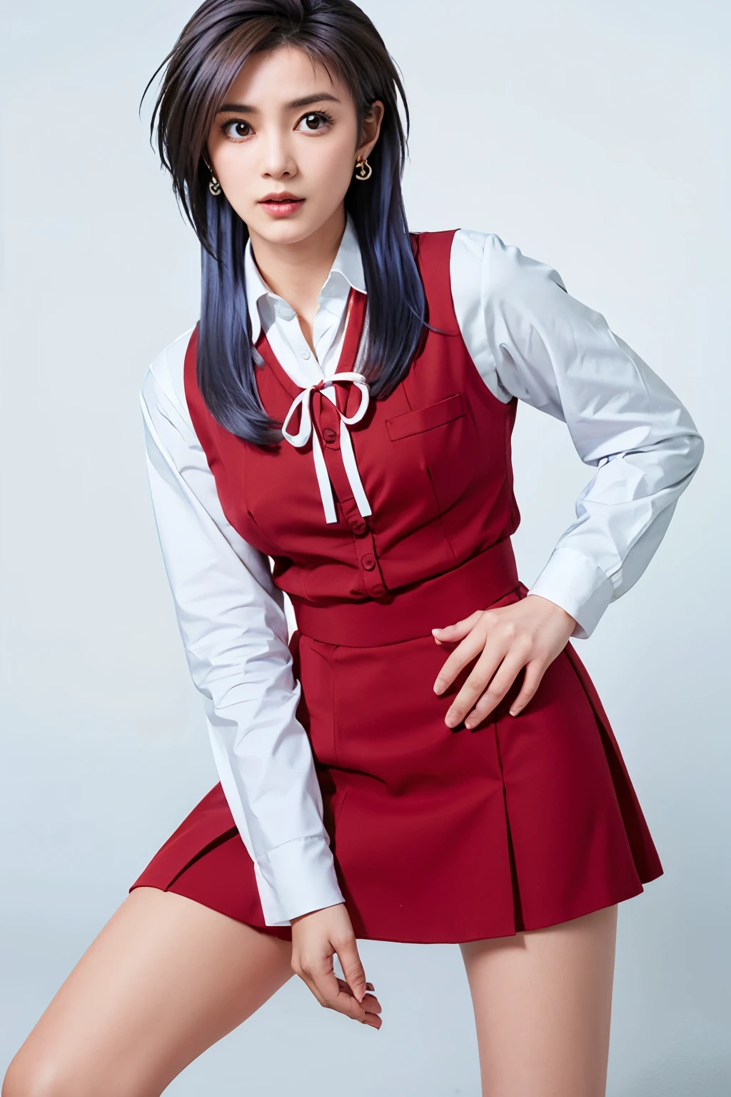 long hair, blue hair color,amber eye color,tall,look up at the viewer,hands on crotch, a full-body shot, long legs, largr breast,earrings,mini skirt,masterpiece, best quality, standing,Simple White Background, mio serizawa, long sleeves,red ribbon,white shirt, vest, beauty face