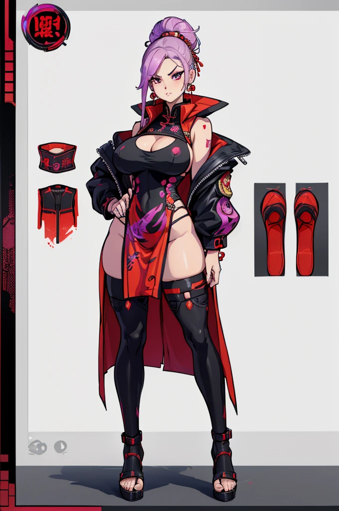 (masterpiece, best quality, high resolution, ((huge breasts)) woman, lilac hair collected in 2 buns, very sexy red sleeveless Chinese dress in cyberpunk style, black cyberpunk style jacket, earrings, bracelets, black stockings, Chinese shoes (, white background, stickers.Redmond ), ((full body standing)),