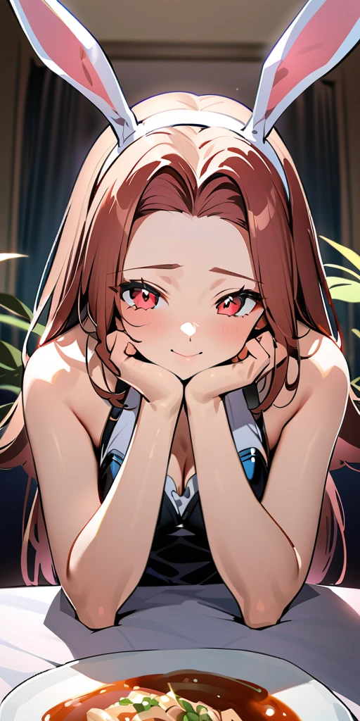 ((Highest quality、、masterpiece:1.3)), Upper Body、Long legs、Sharp focus:1.2, Beautiful woman with perfect figure:1.4、(Smiling:1.2), double eyelid、30-year-old female、Sexy pose、((((Close your mouth、One Woman、Bunny girl,dinner,Fine dining))))、(((((Hands on the side of the body)))))