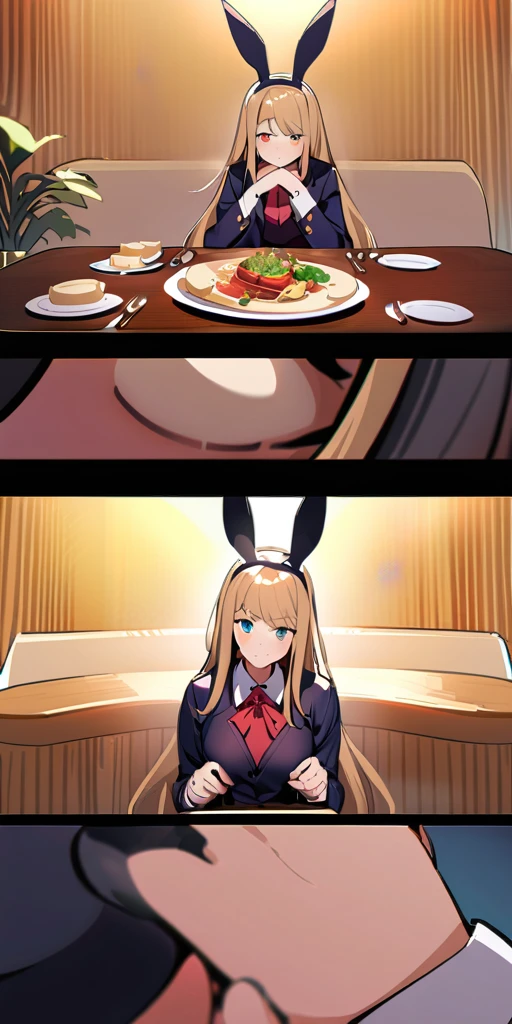 ((Highest quality、、masterpiece:1.3)), Upper Body、Long legs、Sharp focus:1.2, Beautiful woman with perfect figure:1.4、(Smiling:1.2), double eyelid、30-year-old female、Sexy pose、((((Close your mouth、One Woman、Bunny girl,dinner,Fine dining))))、(((((Hands on the side of the body)))))