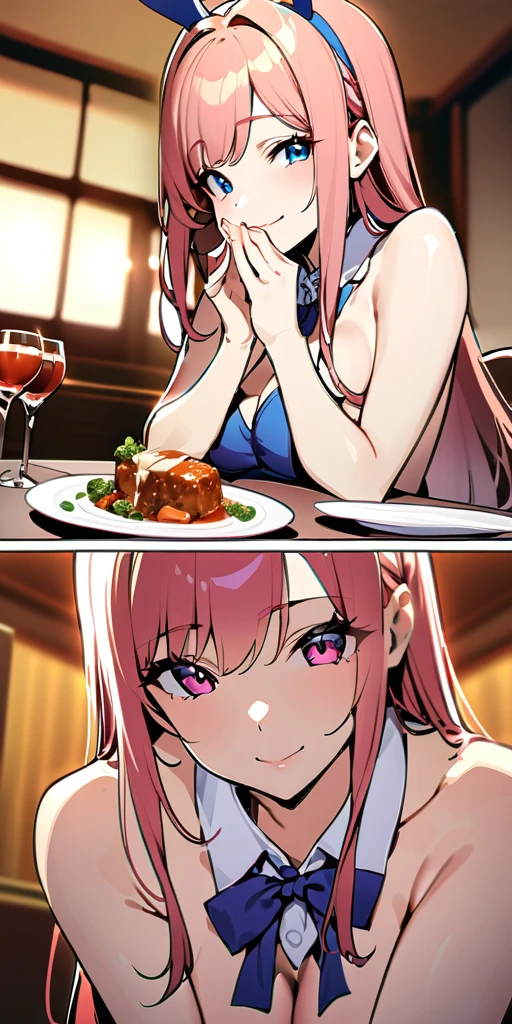 ((Highest quality、、masterpiece:1.3)), Upper Body、Long legs、Sharp focus:1.2, Beautiful woman with perfect figure:1.4、(Smiling:1.2), double eyelid、30-year-old female、Sexy pose、((((Close your mouth、One Woman、Bunny girl,dinner,Fine dining))))、(((((Hands on the side of the body)))))