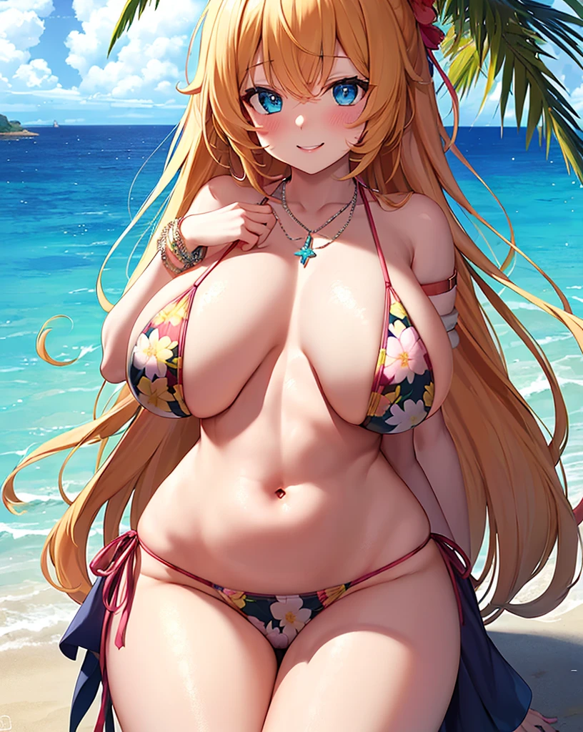 masterpiece, Highest quality, In detail, High resolution, Anime screenshots, One girl, bikini, bikini skirt, Floral print, necklace, bracelet, Thigh straps, Bracelet, Huge breasts, Saggy breasts, Let go of my chest, Leaning forward, blush, smile, Beach, Ocean, Palm tree