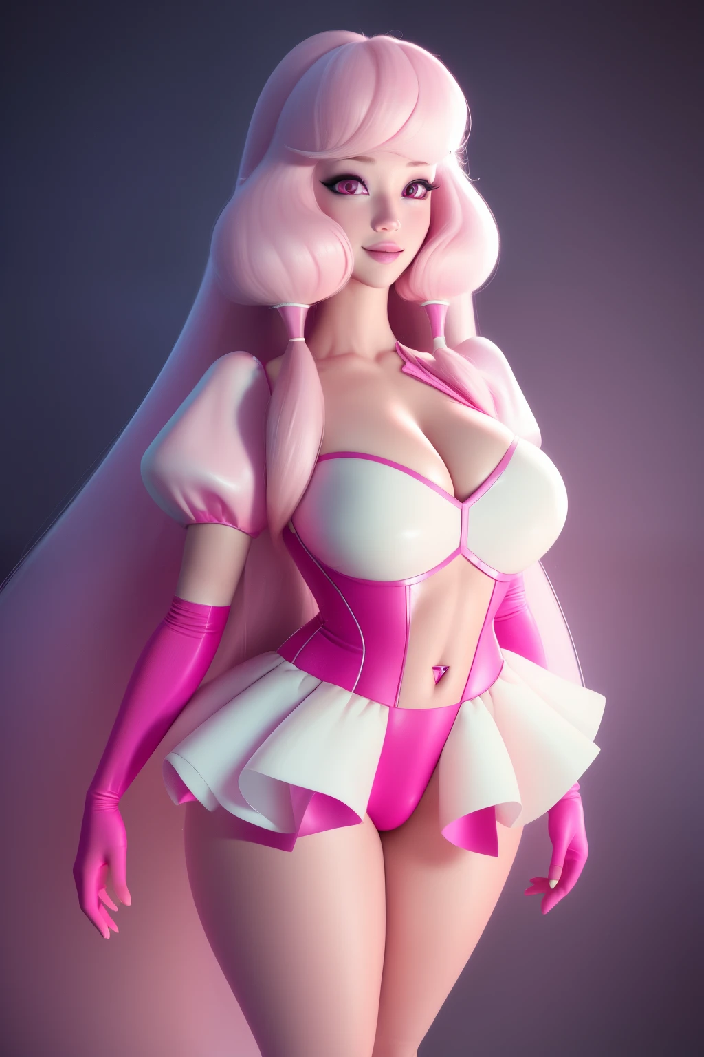 pnkdamond, pink hair, pink eyes, long hair, stomach gem, pink skin, toned,
puffy short sleeves, elbow gloves , white thighs, Puffy dress,
standing, Upper part of the body,
outer space,
(incredibly detailed, beautiful detailed face,Beautiful detailed eyes, Masterpiece, Best Quality) cinematic lighting, SMILE,