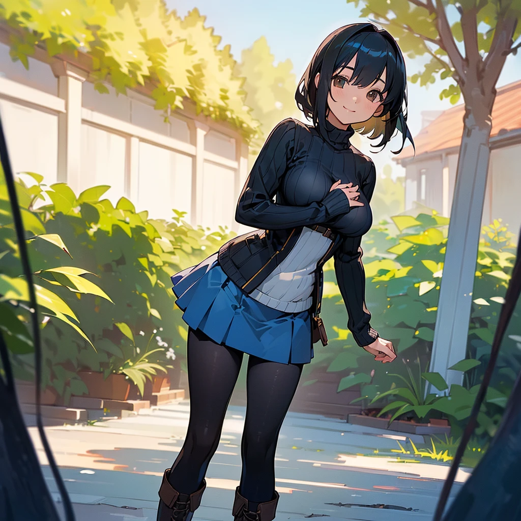 (high quality, High resolution, Very detailed, reality:1.37), Peaceful atmosphere, (Outdoor, garden), girl standing alone, (my breasts are big.), Beautiful details, Cute Smile, (Black bob hair), Ribbed sweater, Blue Skirt, Black tights, Brown boots.