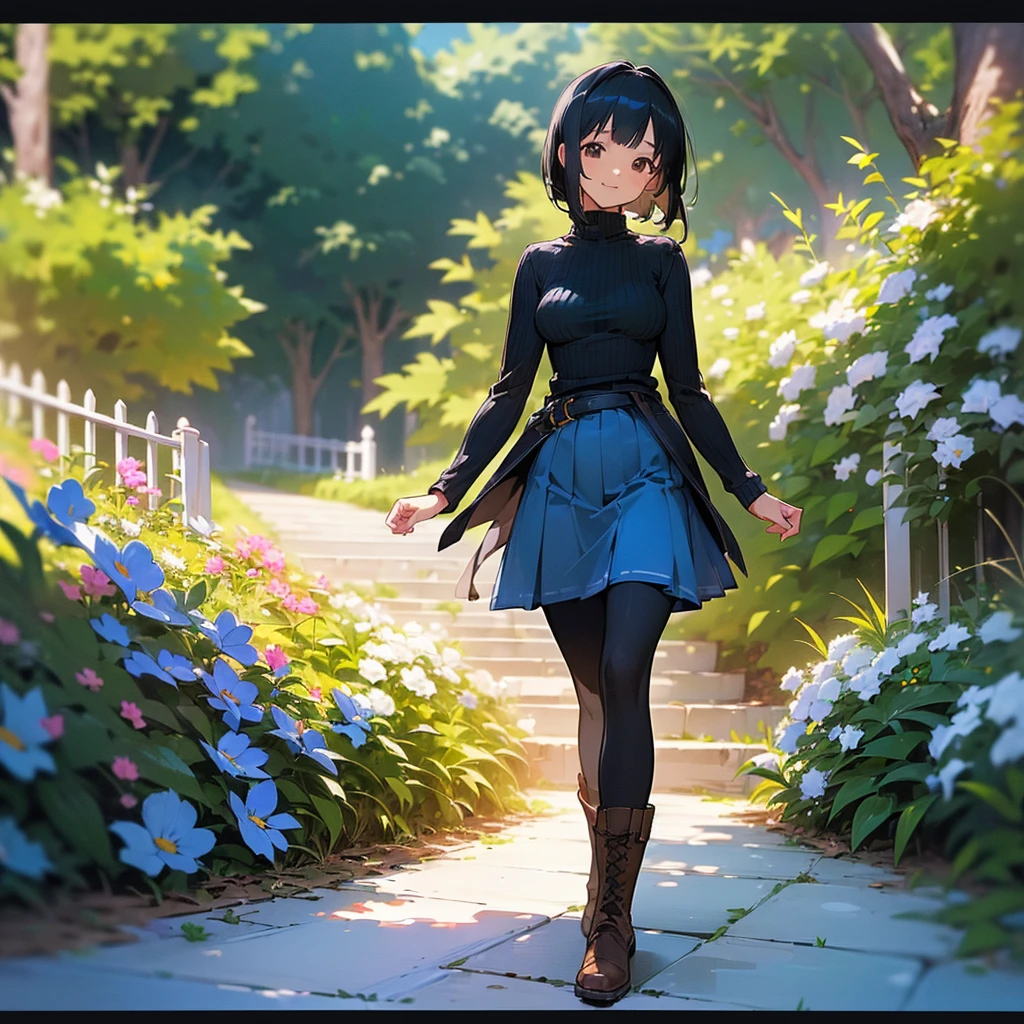 (high quality, High resolution, Very detailed, reality:1.37), Peaceful atmosphere, (Outdoor, garden),  girl standing alone, (my breasts are big.), Beautiful details, Cute Smile, (Black bob hair), Ribbed sweater, Blue Skirt, Black tights, Brown boots.