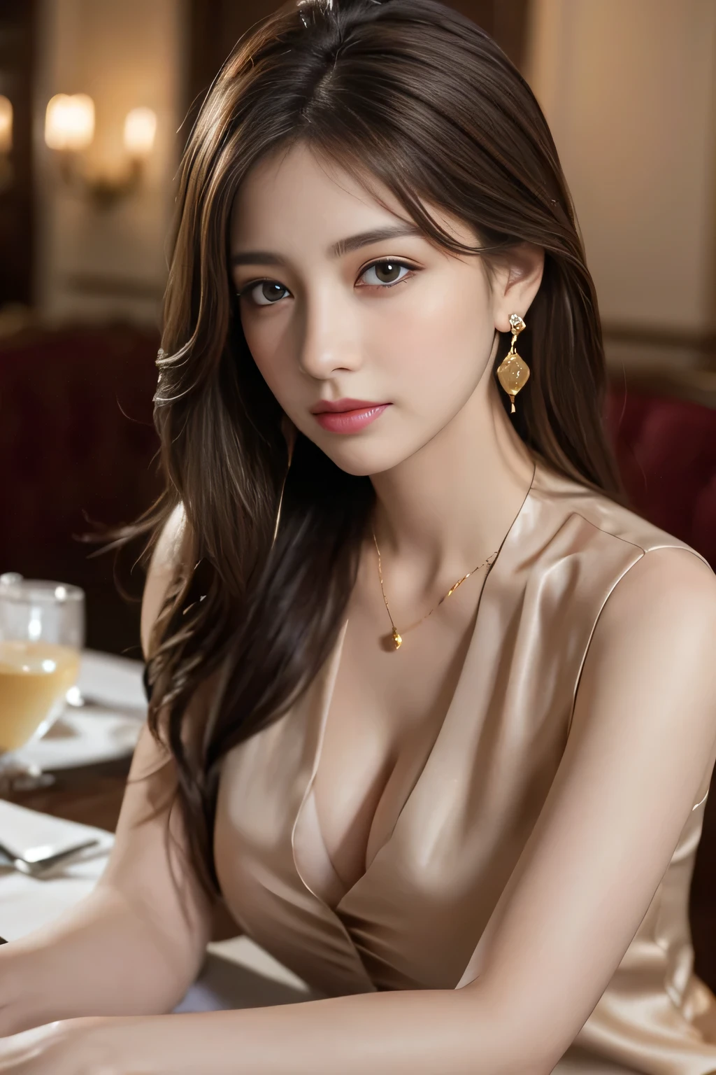 masterpiece, Highest quality, Realistic, Very detailed, Finer details, High resolution, 8k wallpaper, One beautiful woman, Wear an elegant colored silk shirt, In a great restaurant, At night, Light brown messy hair, Perfect dynamic composition, Beautiful and beautiful eyes、Big earrings、chest、Sleeveless shirt、