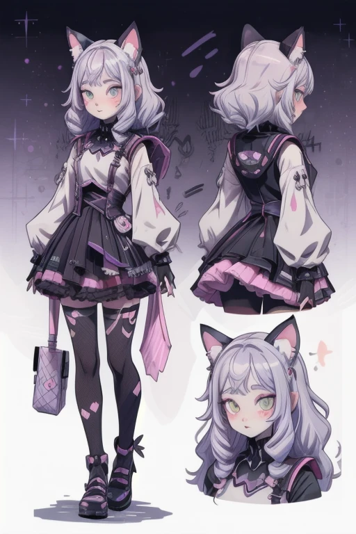 (best quality), (highly detailed), (masterpiece), (perfect lighting), 
BREAK
BREAK
(1girl), goth, cat girl, cat ears, cat tail, pastel, vtuber, purple,pink, blue, white,black, white, galaxy , gamer, cyber
 (CharacterSheet:1), (multiple views, full body, upper body, reference sheet:1)