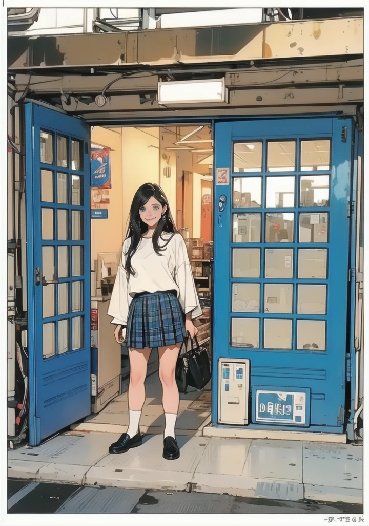 1girl, solo, long hair, breasts, looking at viewer, blush, smile, blue eyes, skirt, shirt, black hair, closed mouth, standing, white shirt, short sleeves, pleated skirt, indoors, plaid, leaning forward, red skirt, plaid skirt, arms behind back, can, locker, shop, vending machine, coca-cola