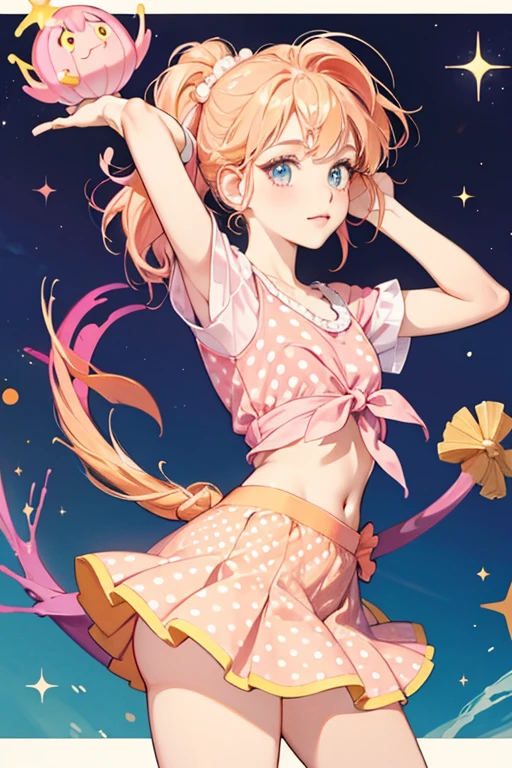 Gilly has pink skin and yellow-blonde hair with pink polka dots on one side and a orange-red fringe on the other side, tied up in a single ponytail with pearls and a starfish. One of her arms is orange, while the other is pink with darker pink stripes. She wears two pink seashells as a shirt, and she has a purple tail with pink and orange fins. Her skirt is orange. SPARKLE; GLITTER