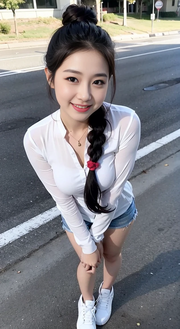 Wearing a white shirt, girl, (tight top:1.5),close your mouth and smile,legs long,Skinny super shorts,White skin of the,high high quality,4K, Face-to-face audience, 1 plump girl,hair tying up,at the street side,(Bring your legs together:1.5),with a round face, 32 inches in the chest, (y pose),(standing pose) ,(full body shot)、Chest 32 inches, ,Stand on the grass and take pictures