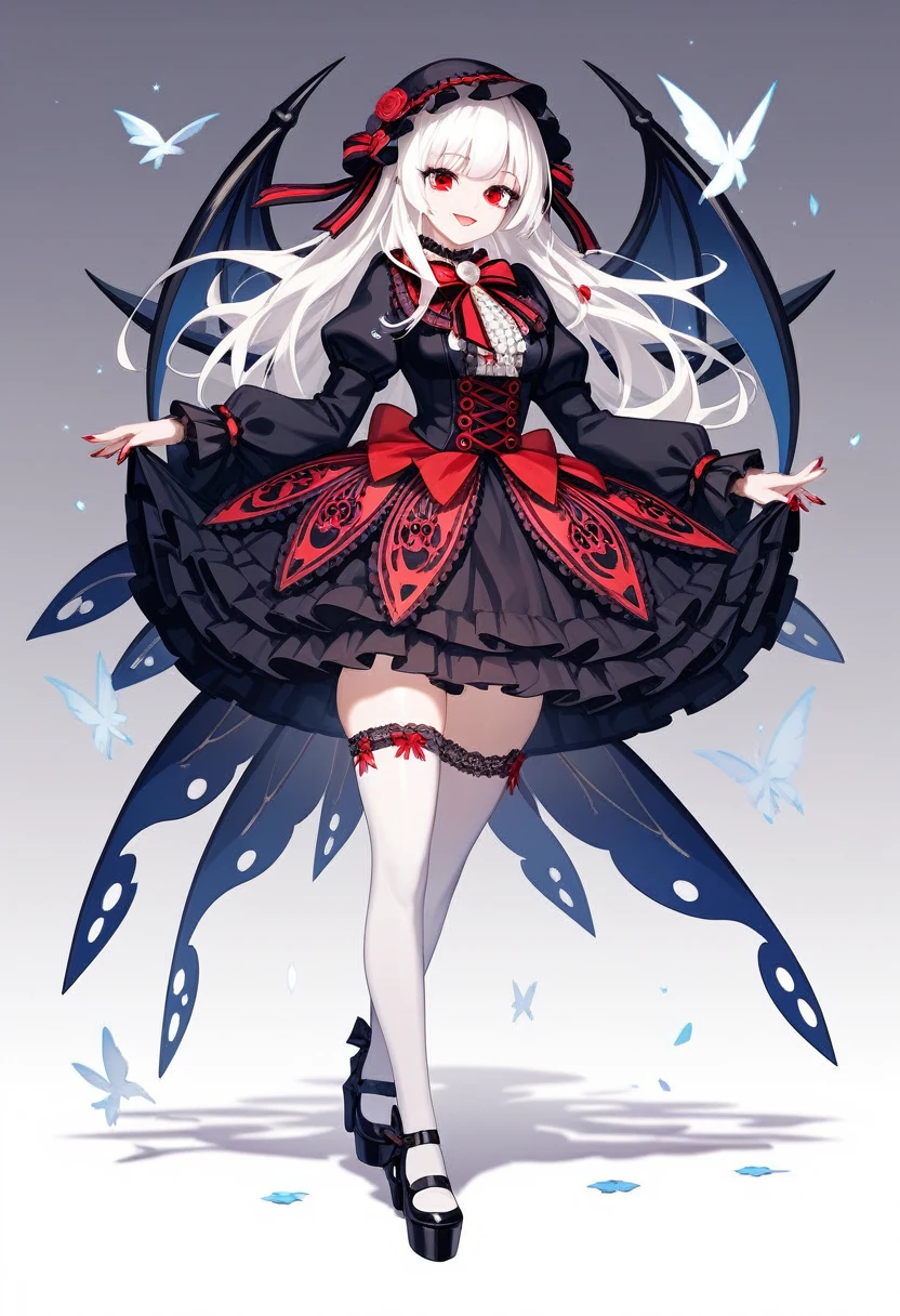 1girl, goat ears, ((all white gothic lingerie)), scantily clad, oversized sleeves, braids, lots of skin showing, wedding gown, ruffles and lace, demonic princess, long pale blonde hair, red demon eyes, detailed face, master level artistry, standing, fullbody image, white bat wings, kill la kill inspired, thigh high socks