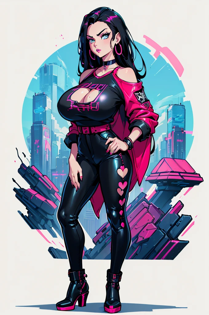 (masterpiece, best quality, high resolution, ((huge breasts)) 1 beautiful girl, very long black hair, blue eyes, pink lips, red cyberpunk style long-sleeved t-shirt, showing the shoulders, black leather pants cyberpunk style hoop earrings, choker, bracelets, posture (, white background, stickers.Redmond ), ((full body standing)),
